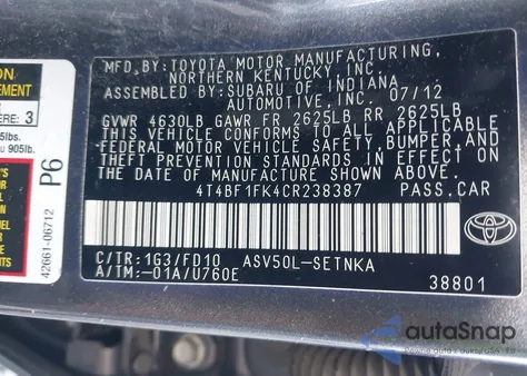 2012 Toyota Camry Le from USA, damaged, VIN 4T4BF1FK4CR238387